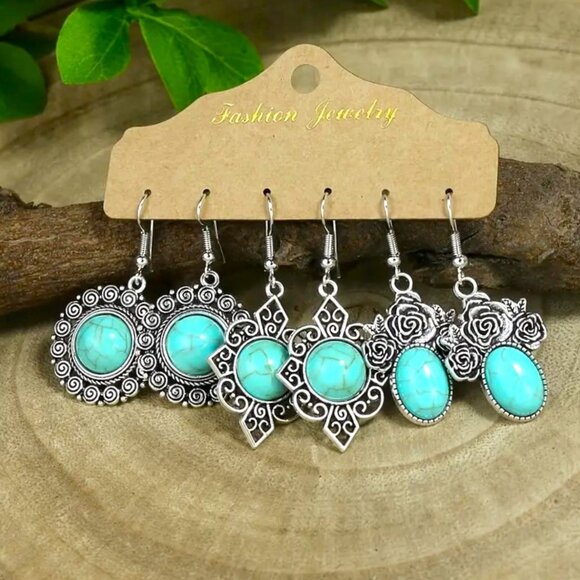 3pr Turquoise Dangle Earrings Silver Gypsy Boho Hippie Native Southwest Stylish - Picture 1 of 2